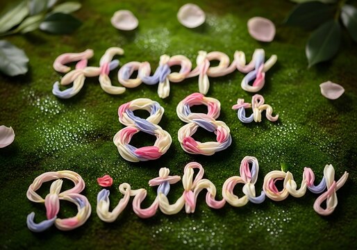 Decorative Happy 88th Birthday message crafted from colorful twisted petals on a green moss surface