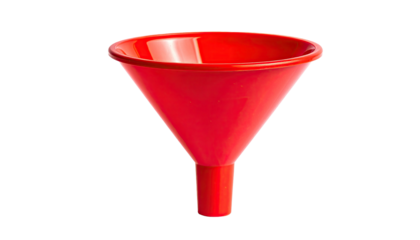 A vibrant red plastic funnel with a wide mouth and narrow spout, isolated on black
