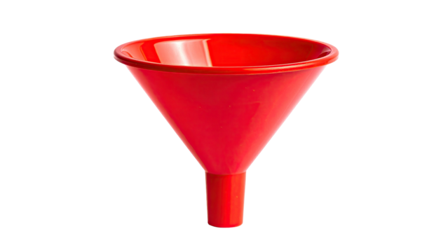 A vibrant red plastic funnel with a wide mouth and narrow spout, isolated on black