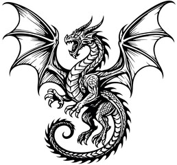 Black and white drawing of a dragon tattoo - Illustration as a symbol, emblem, or tattoo isolated on a white background, Vector