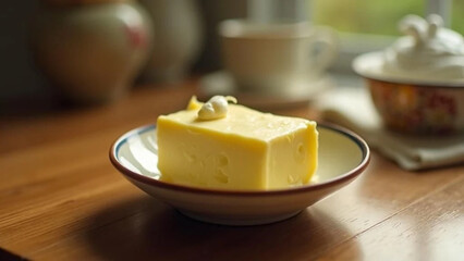 Piece of fresh butter on a ceramic plate. 