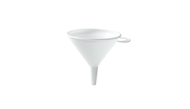 A white, plastic, cone-shaped tool with a handle and spout, isolated on black