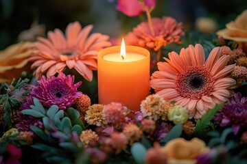 Vibrant floral arrangement with glowing orange candle