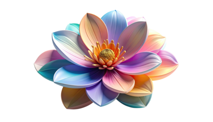 A vibrant, multi-colored, stylized flower with layers against a stark black background