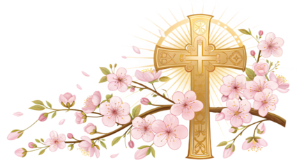 Easter Cross PNG Clipart – Ornate Golden Cross with Cherry Blossom Flowers Transparent Image