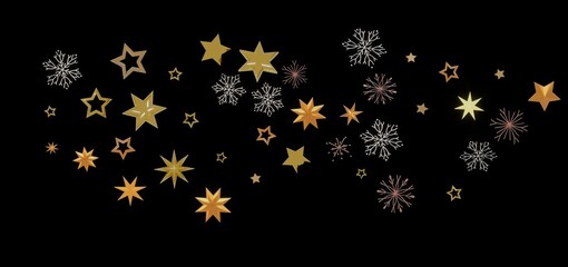 Beautiful image of golden stars and snowflakes on a black background, perfect for Christmas or winter holidays.