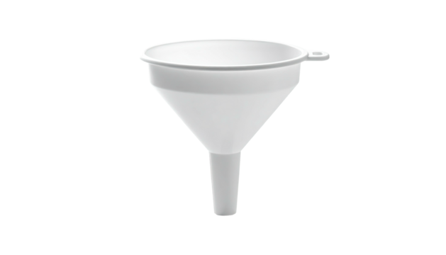 A white plastic conical funnel used to transfer liquids with an extended spout