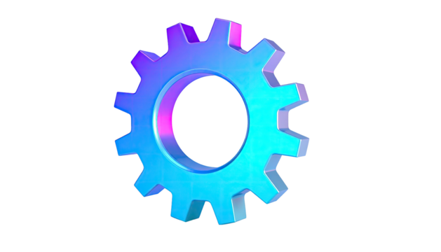 3D rendered gear with gradient colors, set against a black background
