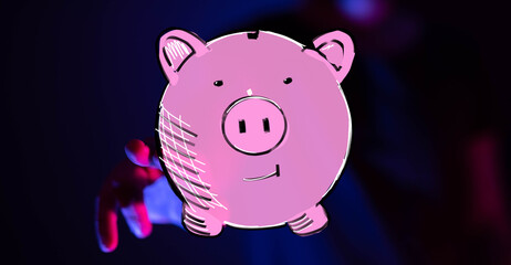 Hand reaching for a piggy bank.  Savings, finance, growth, wealth, future, money, budget,...