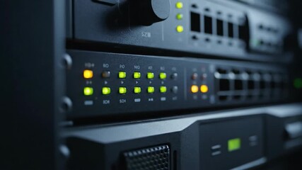 LED indicators on black server cabinet displaying network status   - Powered by Adobe