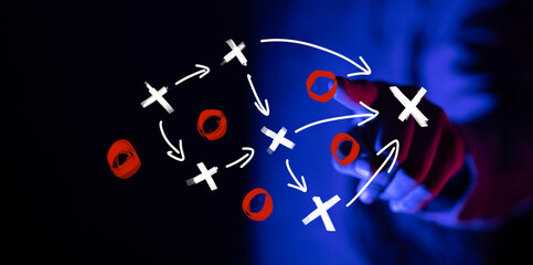 Hand draws strategy plan, business planning,  marketing concept.  Success, growth, target.