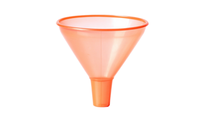 A translucent orange plastic funnel with a wide top and a narrow spout
