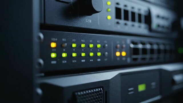 LED indicators on black server cabinet displaying network status  