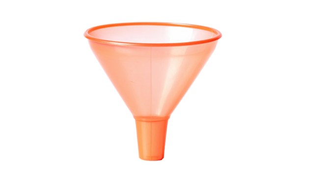 A translucent orange plastic funnel with a wide top and a narrow spout