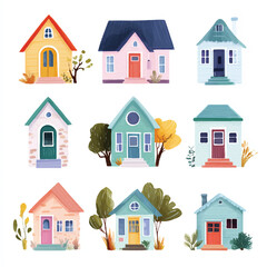 Fototapeta premium Collection of adorable watercolor houses in vibrant colors perfect for a whimsical neighborhood feel