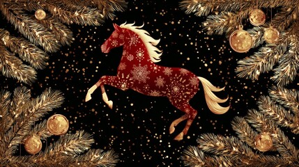 Red horse illustration with snowflakes and festive decorations for Chinese New Year celebration