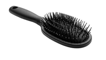 Close-up of a black oval-shaped hair tool with bristles and handle