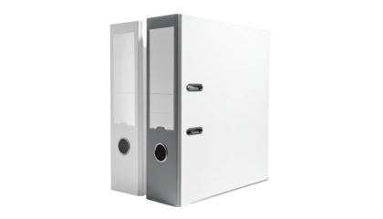 Two white lever arch files, one grey-spined, against a black backdrop