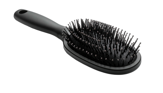 Close-up of a black oval-shaped hair tool with bristles and handle