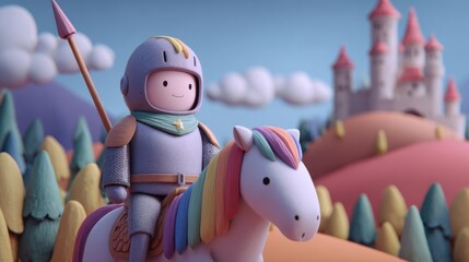 A 2D animation of a cartoon knight with a simple rainbow-colored helmet and armor, happily riding his horse towards a cute, stylized castle on a hill