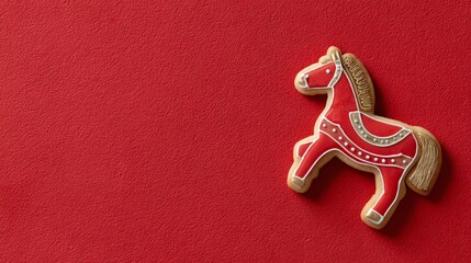 Red horse-shaped cookie on vibrant red background for festive Chinese New Year celebration