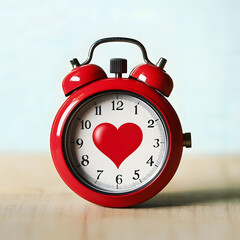 Red alarm clock with heart symbol on face