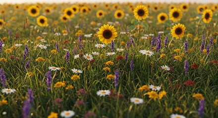Vibrant sunflower field with wildflowers under sunlight for nature imagery