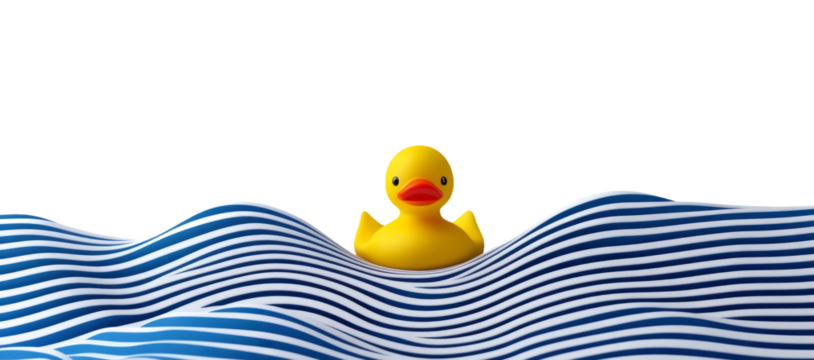  optical illusion of horizontal waves, a rubber duck floating in the center, creating a playful contrast between hard lines and soft textures