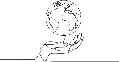 Continuous one line drawing of a hand holding globe symbolizing earth care protection ecology and environment