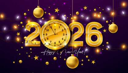 2026 Happy New Year Illustration with Gold Typography Number and Christmas Ball on Falling Confetti Background. Holiday Design with Christmas Ornaments for Greeting Card, Flyer, Banner, Party