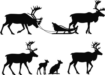 Reindeer sled silhouette, Arctic wildlife vector, fox and fawn clipart, winter animal graphic, black isolated transport scene design