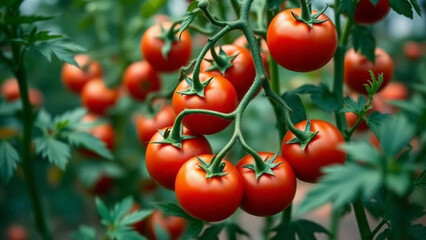 Ripe tomatoes in the greenhouse. 