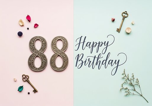 Happy 88th Birthday Card Design with Ornate Numbers, Vintage Keys, and Floral Elements on Pastel Background