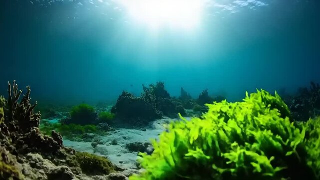 Underwater scene of green algae and aquatic plants with sunlit surface
