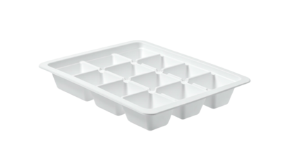 A white plastic ice cube tray, empty, with rectangular compartments, viewed at an angle