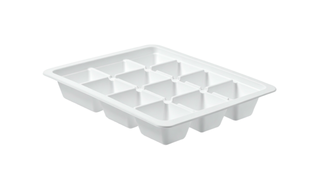A white plastic ice cube tray, empty, with rectangular compartments, viewed at an angle