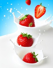 Fresh Red Strawberries Splashing into White Milk with Dynamic Drops