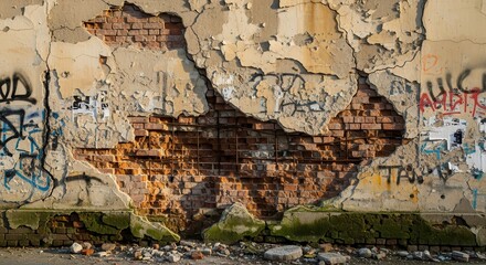 Fototapeta premium Decaying wall with exposed brick, a testament to time's relentless passage