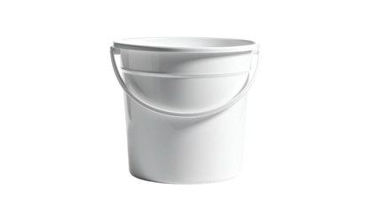 A white, cylindrical pail with a curved handle, set against a black background