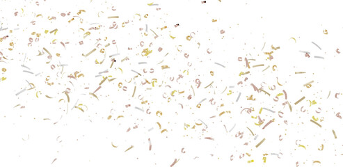 High-resolution image of gold and beige confetti falling on a white background. Perfect for celebrations, backgrounds, and more.