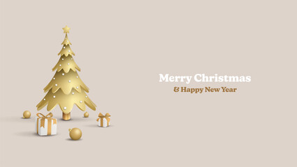 Merry Christmas and Happy New Year calligraphy with 3D golden decorated Christmas tree and elements on light brown background garphic illustration have blank space.