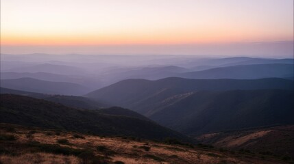 alpine. Panoramic alpine landscape at dusk with warm golden light on mountain peaks. travel magazines, destination branding, designed for outdoor magazines and nature guides.