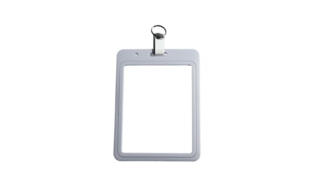 Rectangular white plastic ID holder with a silver clip, against a black background