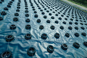 A geomembrane landfill cover secured with tires and ropes in a structured grid pattern, designed to contain waste, prevent contamination, and protect the environment