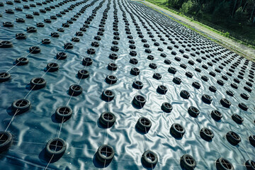 A geomembrane landfill cover secured with tires and ropes in a structured grid pattern, designed to contain waste, prevent contamination, and protect the environment