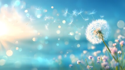 Obraz premium Beautiful dandelion with seeds blowing in the wind against blue sky and sunlight, dreamy spring background symbolizing freedom, hope and new beginnings