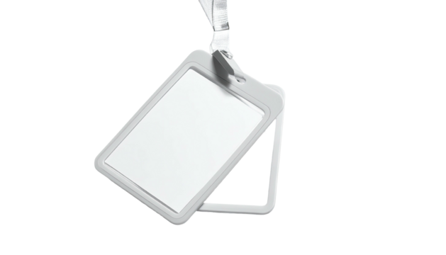 A blank ID badge hangs suspended, angled, with a white lanyard against black