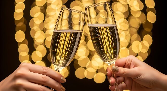 Two hands clinking champagne glasses with golden bokeh background