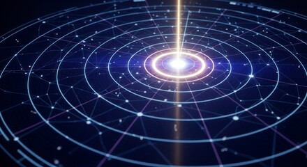 Luminous Energy Core Projecting a Beam Through a Futuristic Concentric Network Grid.