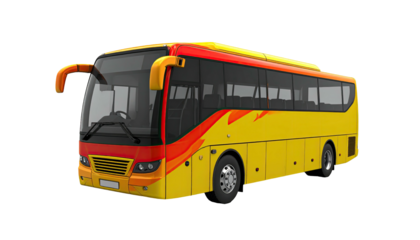 A yellow and red long-distance passenger bus, isolated against a transparent background